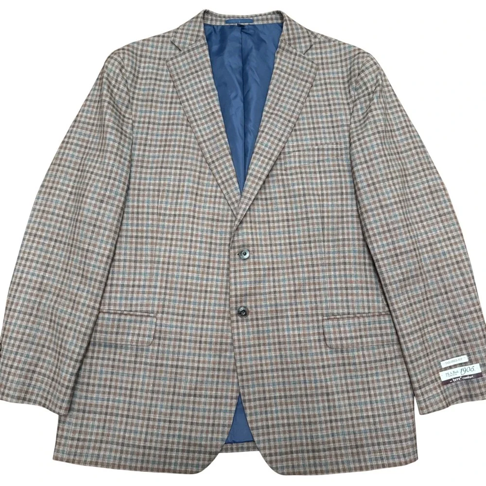 Jos. A. Bank Brrr Comfort Sport Coat Mens 46R Brown Plaid Wool Blend Tailored